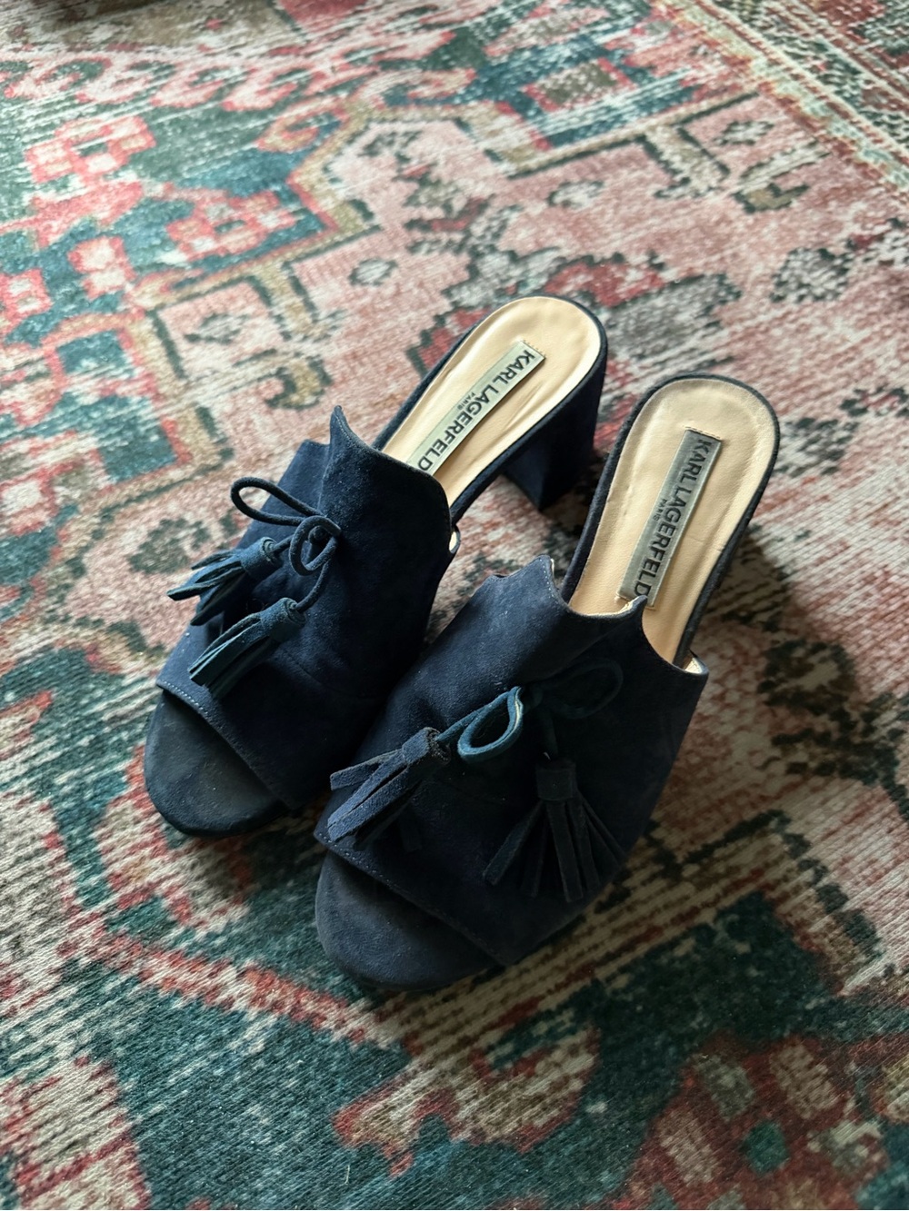 Karl Lagerfeld Navy Suede Tassel Block Heel Mules
